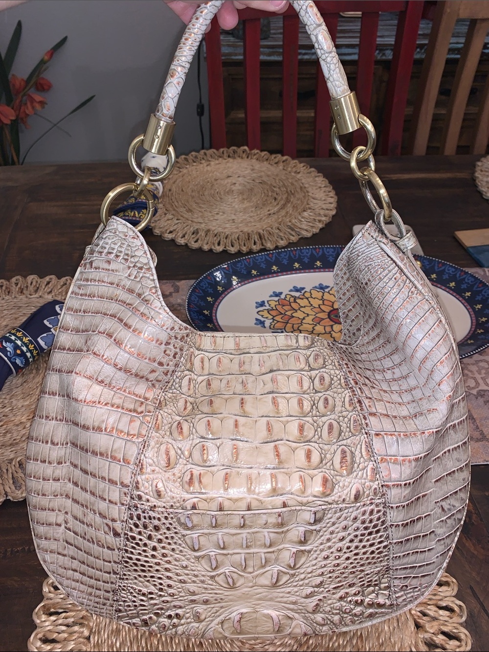 Brahmin croc embossed tan and rose gold handbag purse - Picture 6 of 14